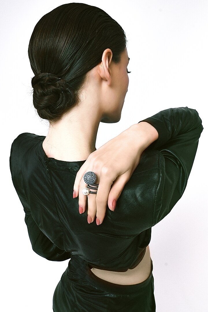 Gold Plated Blue Chaton Crystal & Faux Pearl Orb Wrap Ring by AMAMA at Pernia's Pop Up Shop