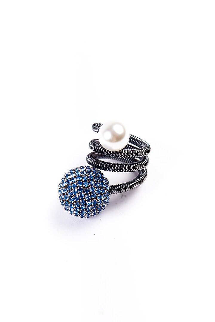 Gold Plated Blue Chaton Crystal & Faux Pearl Orb Wrap Ring by AMAMA at Pernia's Pop Up Shop
