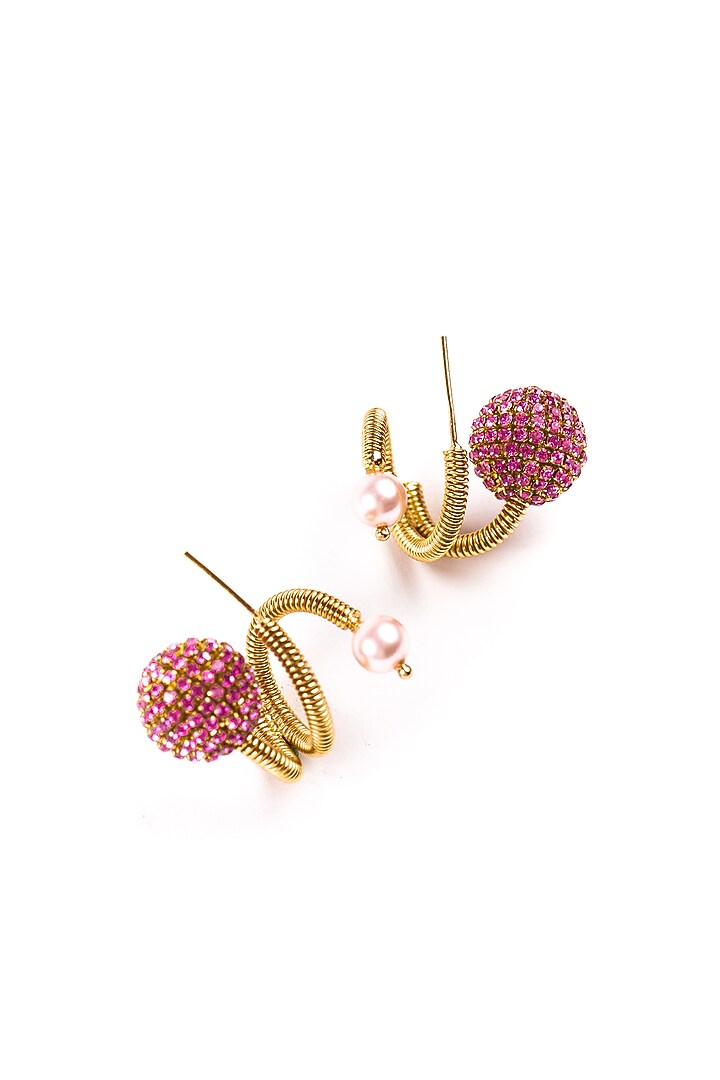Gold Plated Pink Chaton Crystal & Faux Pearl Orb Hoop Earrings by AMAMA at Pernia's Pop Up Shop