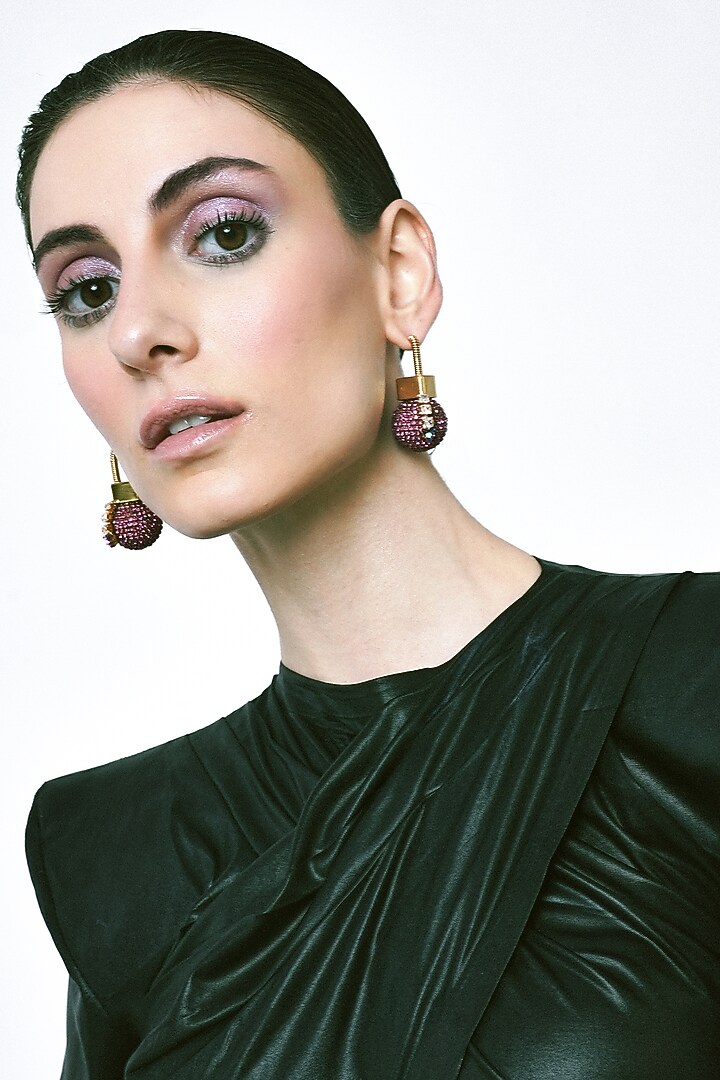 Gold Plated Pink Chaton Crystal & Cubic Zirconia Orb Lock Dangler Earrings by AMAMA at Pernia's Pop Up Shop