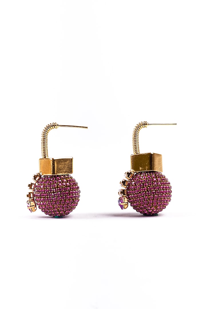 Gold Plated Pink Chaton Crystal & Cubic Zirconia Orb Lock Dangler Earrings by AMAMA at Pernia's Pop Up Shop
