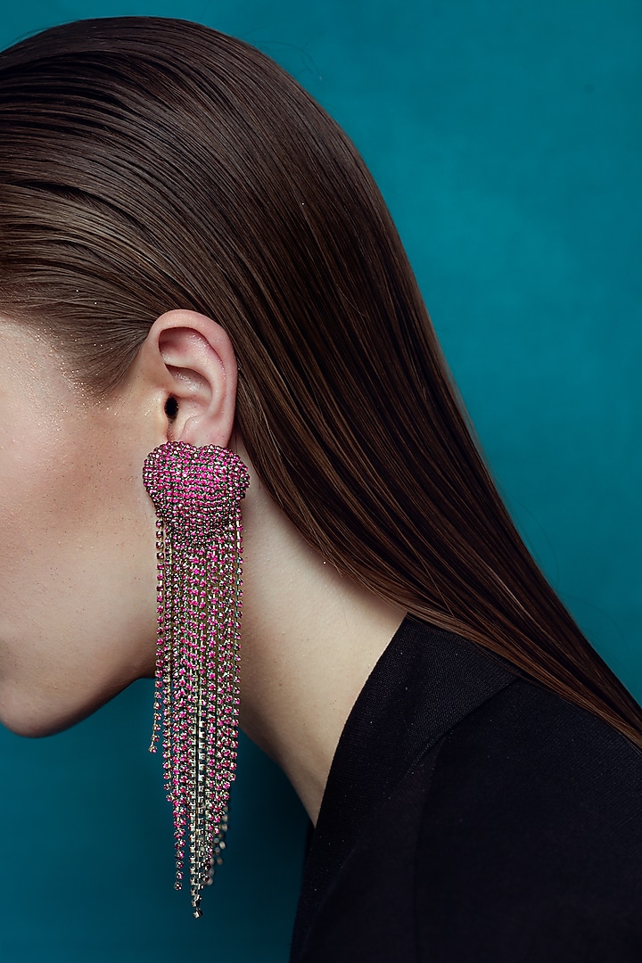 Silver Plated Pink Crystal Embellished Dangler Earrings by AMAMA at Pernia's Pop Up Shop