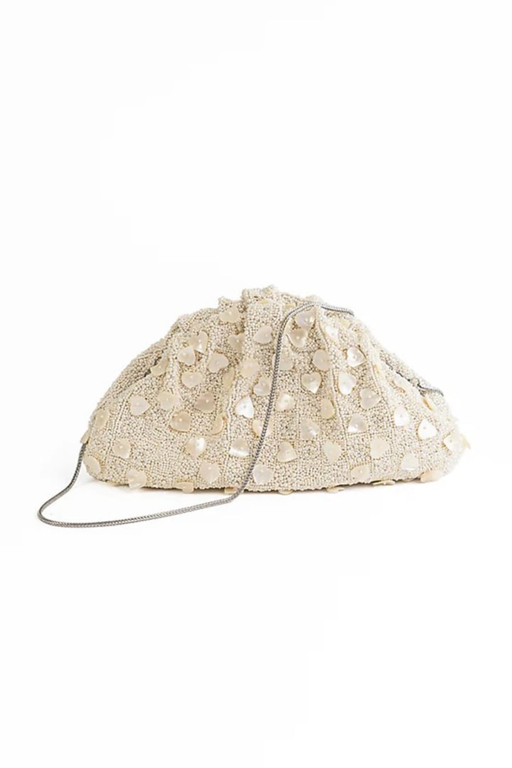 Ivory Suede Glass Bead & Zari Embroidered Bag by AMAMA at Pernia's Pop Up Shop