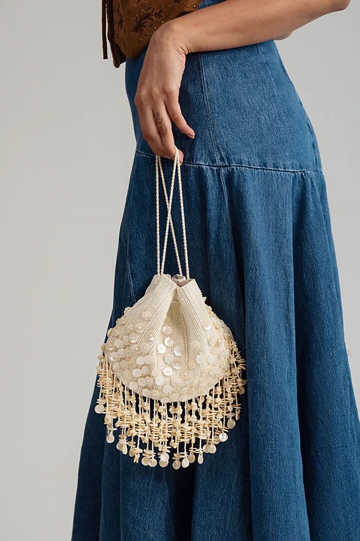 Ivory Suede Glass Bead & Thread Embroidered Bag by AMAMA at Pernia's Pop Up Shop