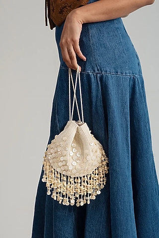 Ivory Suede Glass Bead & Thread Embroidered Bag by AMAMA