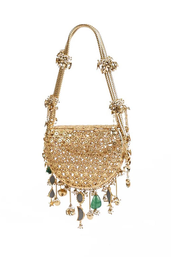 Gold Semi-Precious Stone & Faux Pearl Embroidered Bag by AMAMA at Pernia's Pop Up Shop