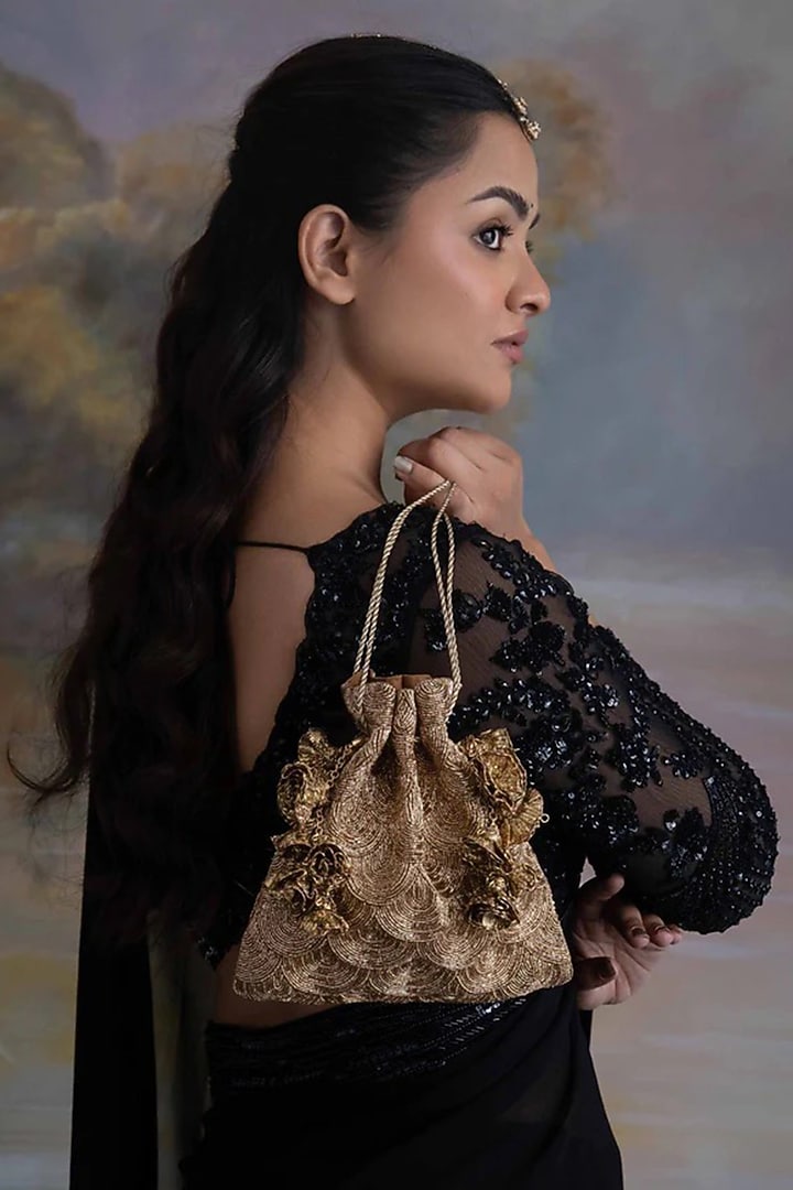 Gold Dutch Satin Glass Bead & Zari Embroidered Potli Bag by AMAMA at Pernia's Pop Up Shop