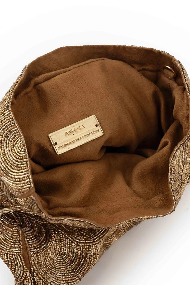 Gold Dutch Satin Glass Bead & Zari Embroidered Potli Bag by AMAMA at Pernia's Pop Up Shop