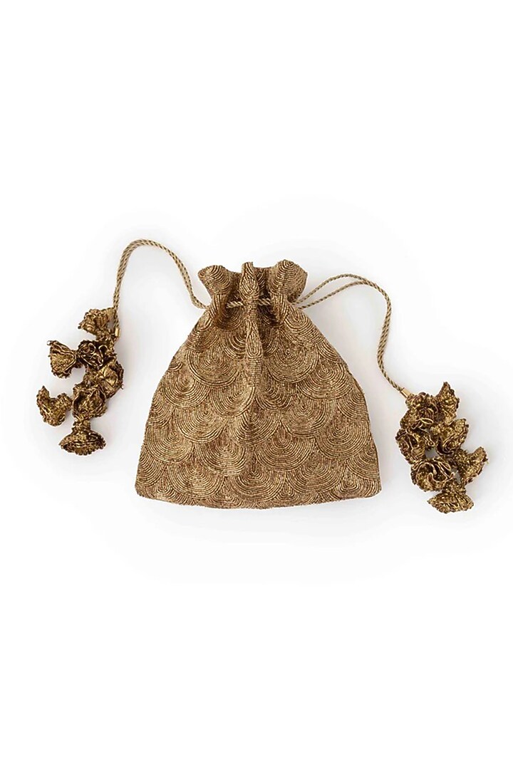 Gold Dutch Satin Glass Bead & Zari Embroidered Potli Bag by AMAMA at Pernia's Pop Up Shop