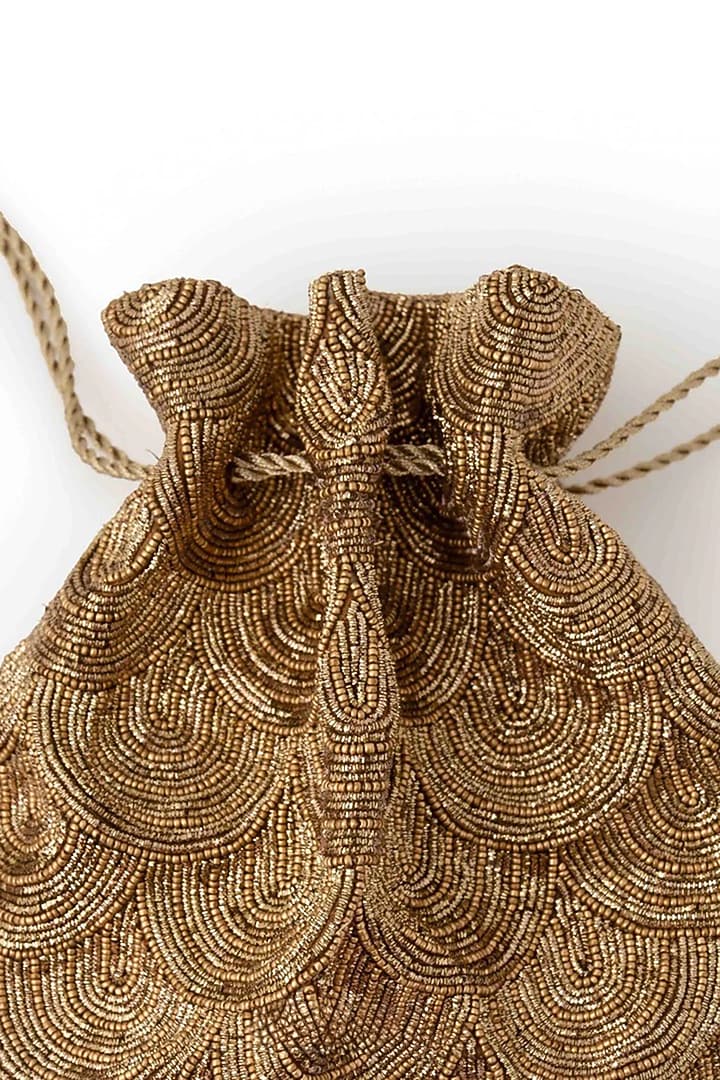 Gold Dutch Satin Glass Bead & Zari Embroidered Potli Bag by AMAMA at Pernia's Pop Up Shop