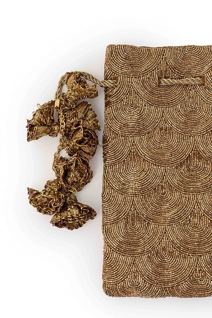 Gold Dutch Satin Glass Bead & Zari Embroidered Potli Bag by AMAMA at Pernia's Pop Up Shop
