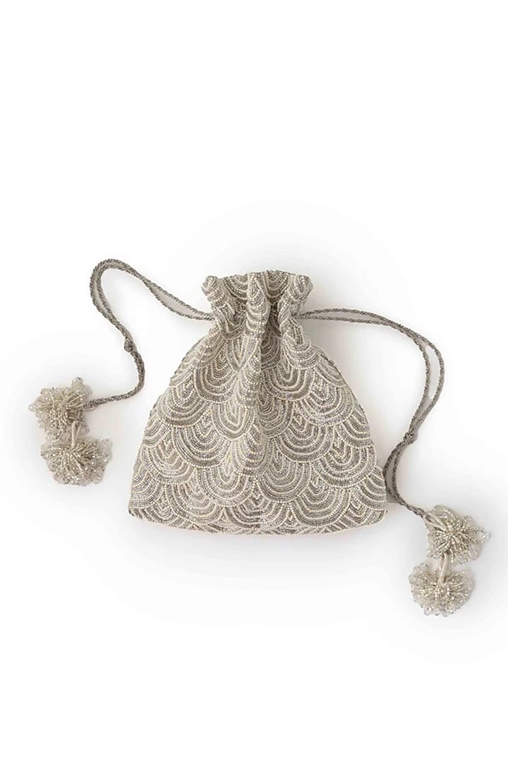Ivory Suede Glass Bead & Zari Embroidered Potli Bag by AMAMA at Pernia's Pop Up Shop
