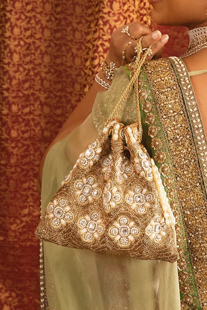 Beige Suede Glass Bead & Zari Embroidered Potli Bag by AMAMA at Pernia's Pop Up Shop