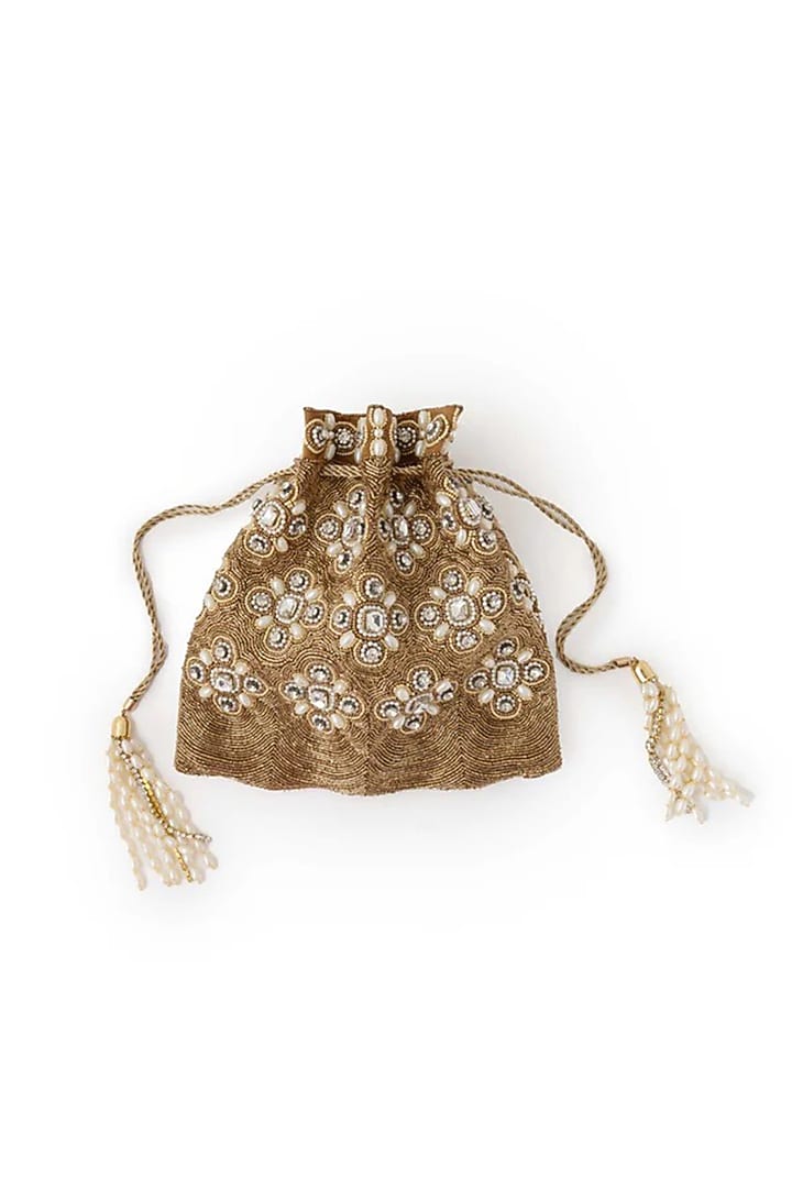Beige Suede Glass Bead & Zari Embroidered Potli Bag by AMAMA at Pernia's Pop Up Shop