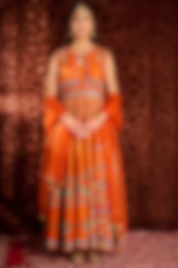 Bright Orange Machine & Hand Embroidered Anarkali Set by AMAN TAKYAR
