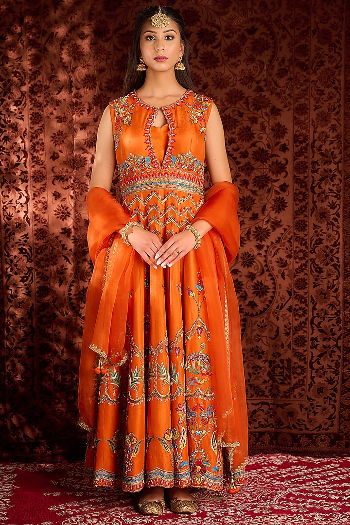 Bright Orange Machine & Hand Embroidered Anarkali Set by AMAN TAKYAR