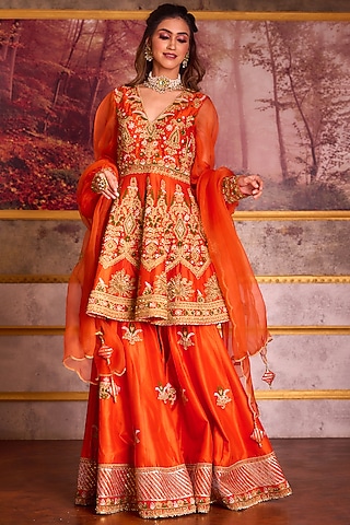 Heavy Orange Dupion Silk Machine & Hand Embroidered Sharara Set by AMAN TAKYAR