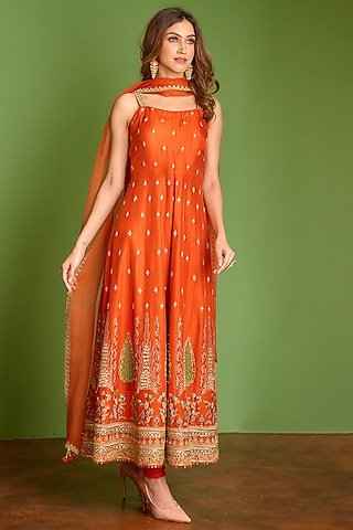 Blaze Orange Machine & Hand Embroidered Anarkali Set by AMAN TAKYAR