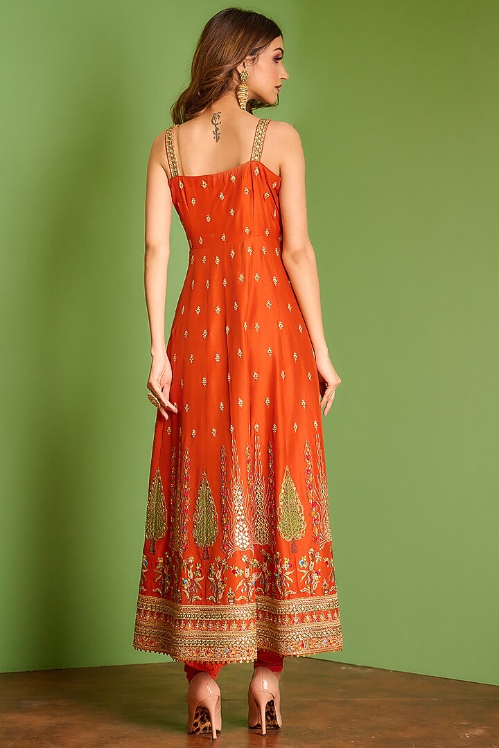 Blaze Orange Machine & Hand Embroidered Wedding Anarkali Set by AMAN TAKYAR at Pernia's Pop Up Shop