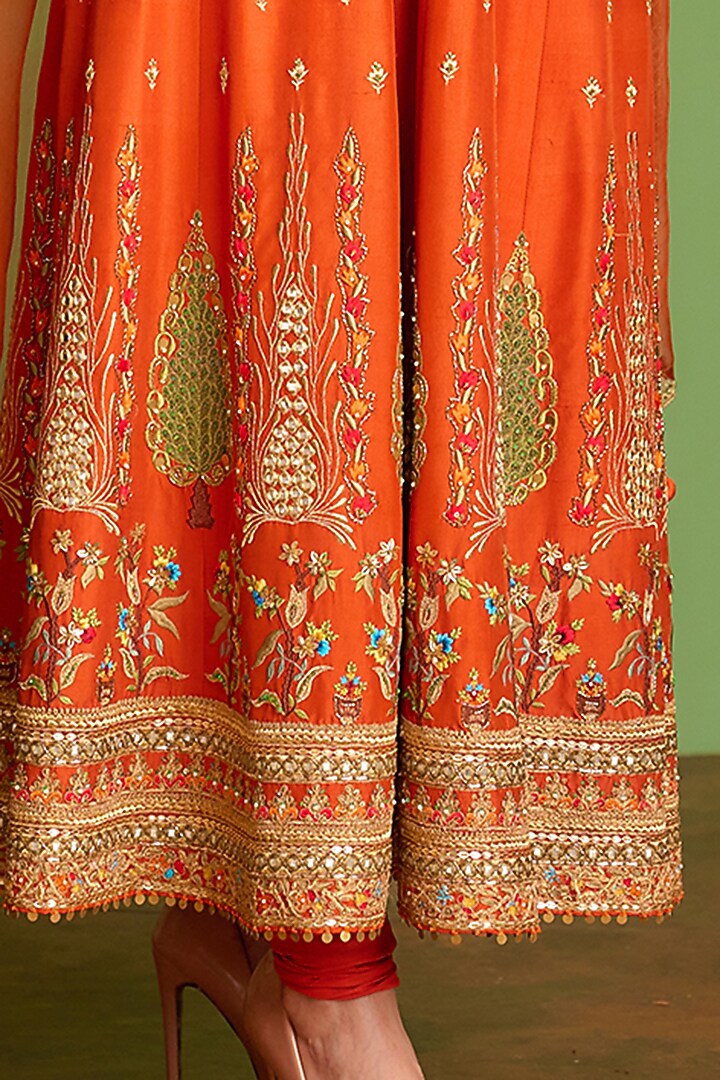 Blaze Orange Machine & Hand Embroidered Wedding Anarkali Set by AMAN TAKYAR at Pernia's Pop Up Shop