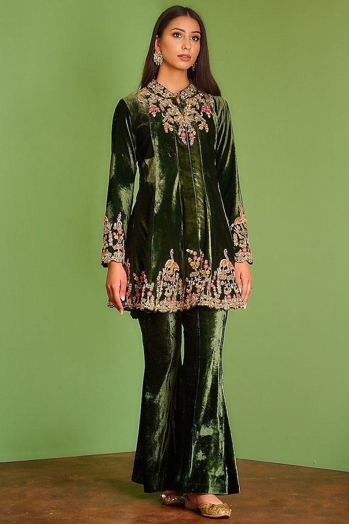 Dark Olive Green Hand Embroidered Jacket Set by AMAN TAKYAR