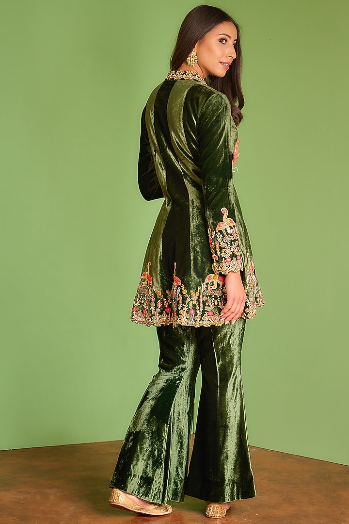 Dark Olive Green Hand Embroidered Jacket Set by AMAN TAKYAR at Pernia's Pop Up Shop