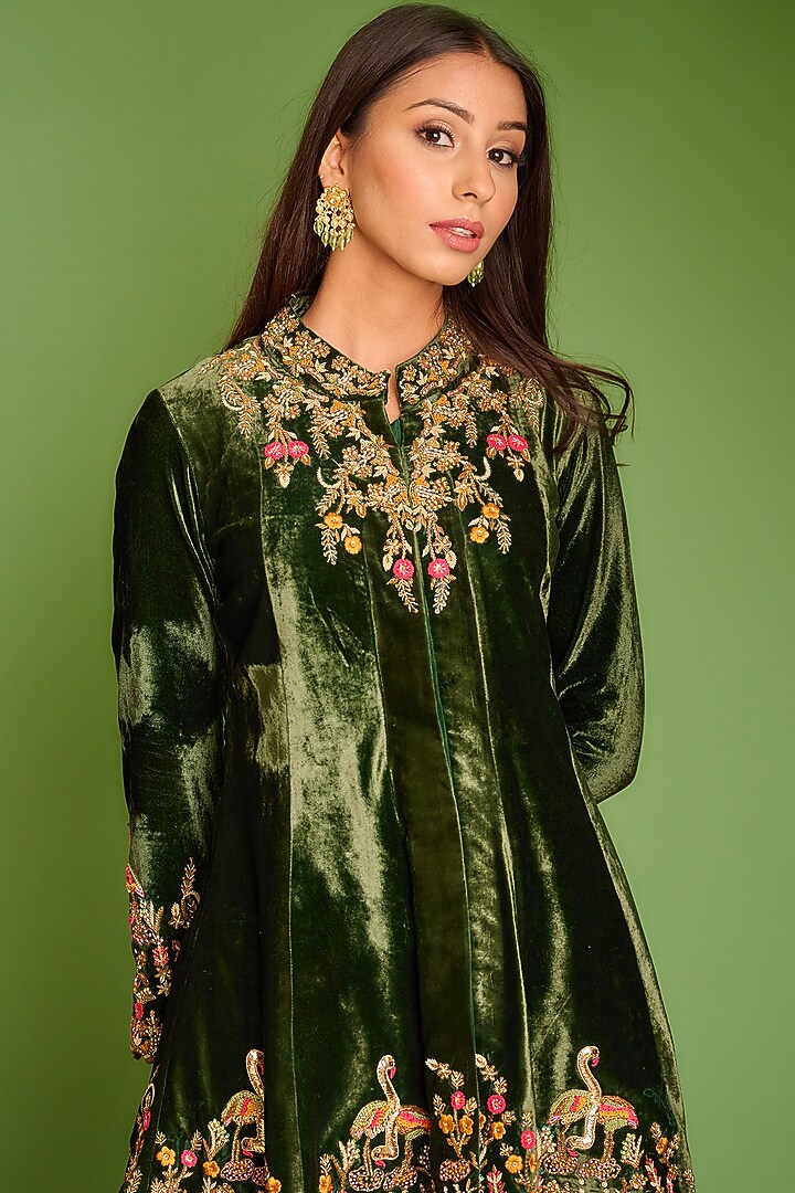Dark Olive Green Hand Embroidered Jacket Set by AMAN TAKYAR at Pernia's Pop Up Shop