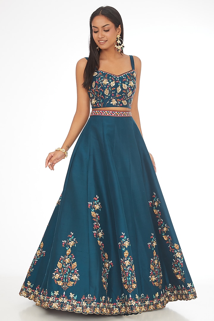 Teal Blue Pure Dupion Silk Aari Embroidered Jacket Wedding Lehenga Set by AMAN TAKYAR at Pernia's Pop Up Shop