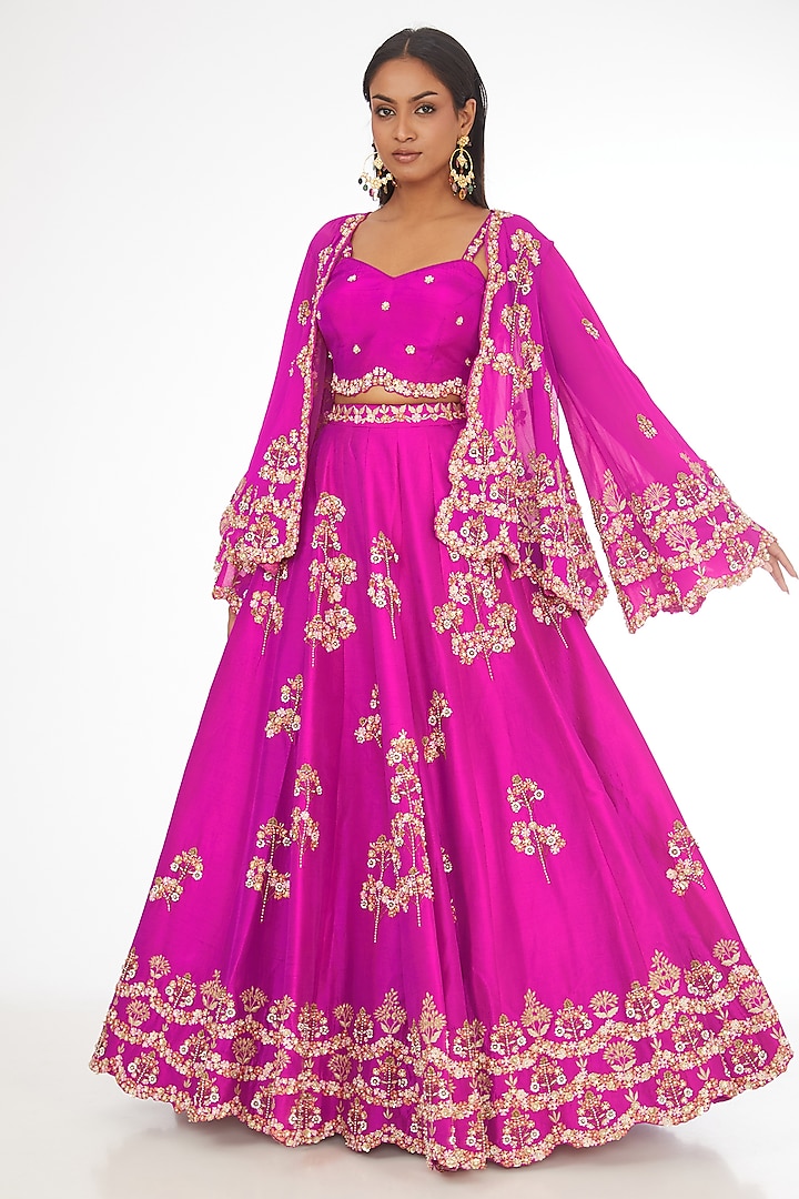 Fuchsia Pure Silk Georgette & Dupion Silk Thread Embroidered Lehenga Set by AMAN TAKYAR