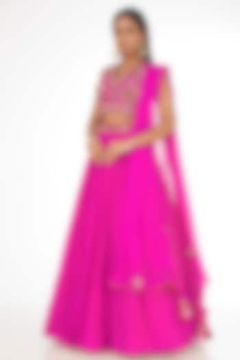 Fuchsia Pure Silk Georgette Thread Embroidered Wedding Lehenga Set by AMAN TAKYAR at Pernia's Pop Up Shop