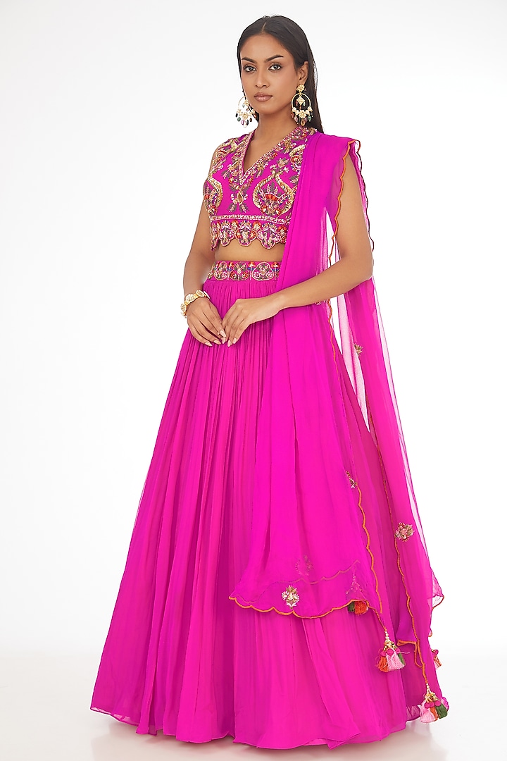 Fuchsia Pure Silk Georgette Thread Embroidered Wedding Lehenga Set by AMAN TAKYAR at Pernia's Pop Up Shop