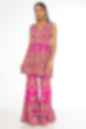 Fuchsia Pink Pure Silk Georgette Thread Embroidered Flared Pant Set by AMAN TAKYAR at Pernia's Pop Up Shop