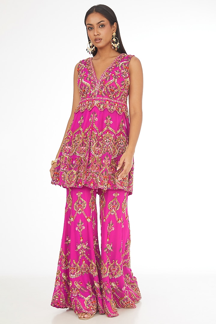 Fuchsia Pink Pure Silk Georgette Thread Embroidered Flared Pant Set by AMAN TAKYAR at Pernia's Pop Up Shop