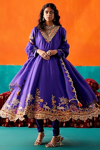 Indigo Dupion Silk & Organza Embroidered Anarkali Set by AMAN TAKYAR