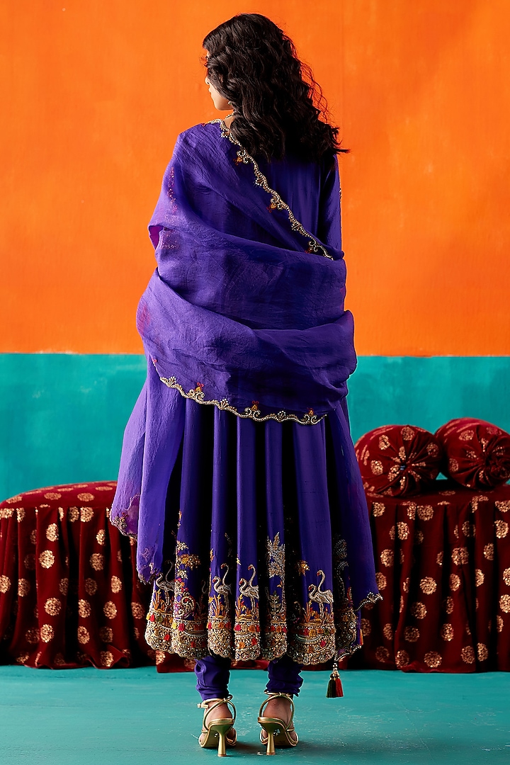 Indigo Dupion Silk & Organza Embroidered Bridal Anarkali Set by AMAN TAKYAR at Pernia's Pop Up Shop