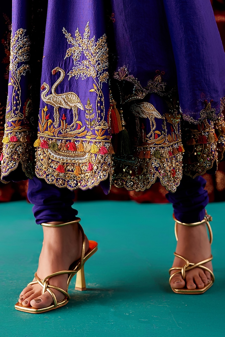 Indigo Dupion Silk & Organza Embroidered Bridal Anarkali Set by AMAN TAKYAR at Pernia's Pop Up Shop