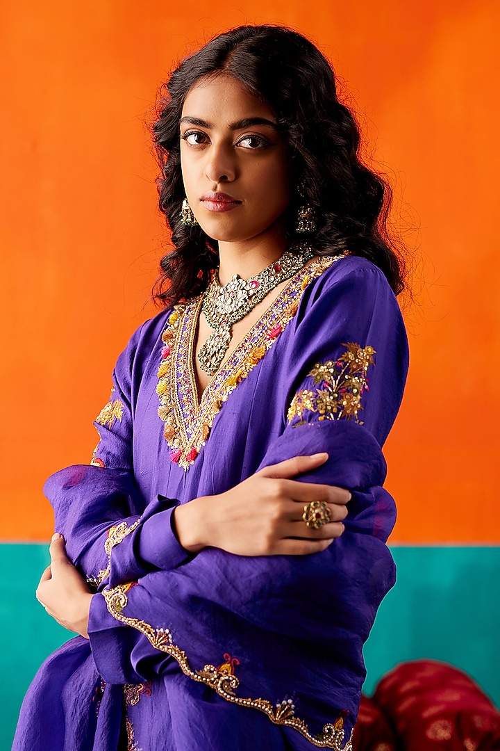 Indigo Dupion Silk & Organza Embroidered Bridal Anarkali Set by AMAN TAKYAR at Pernia's Pop Up Shop