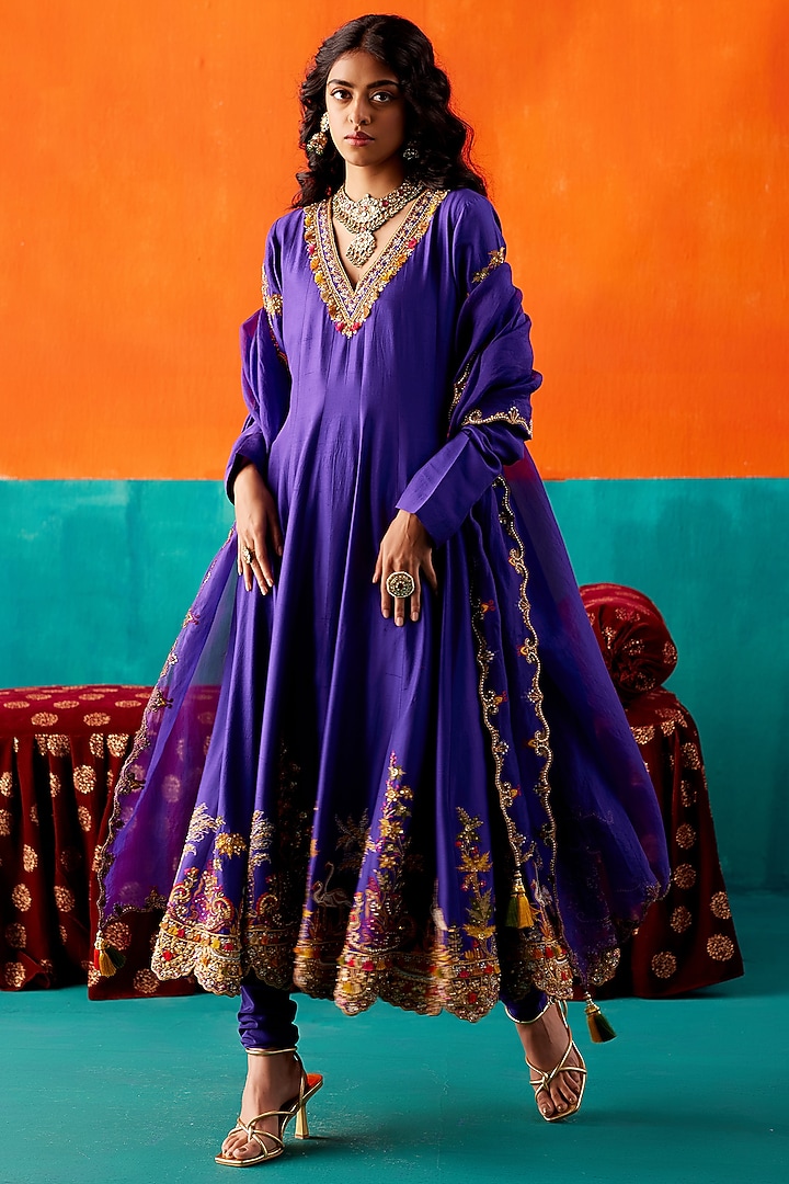 Indigo Dupion Silk & Organza Embroidered Bridal Anarkali Set by AMAN TAKYAR at Pernia's Pop Up Shop