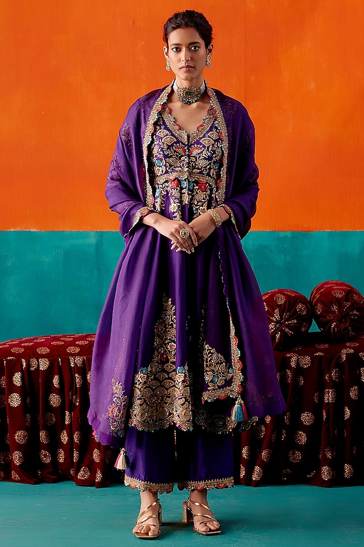 Purple Dupion Silk & Organza Hand Embroidered Anarkali Set by AMAN TAKYAR
