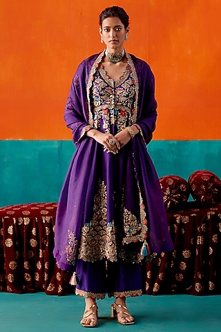 Purple Dupion Silk & Organza Hand Embroidered Anarkali Set by AMAN TAKYAR