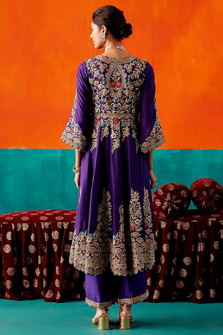 Purple Dupion Silk & Organza Hand Embroidered Bridal Anarkali Set by AMAN TAKYAR at Pernia's Pop Up Shop