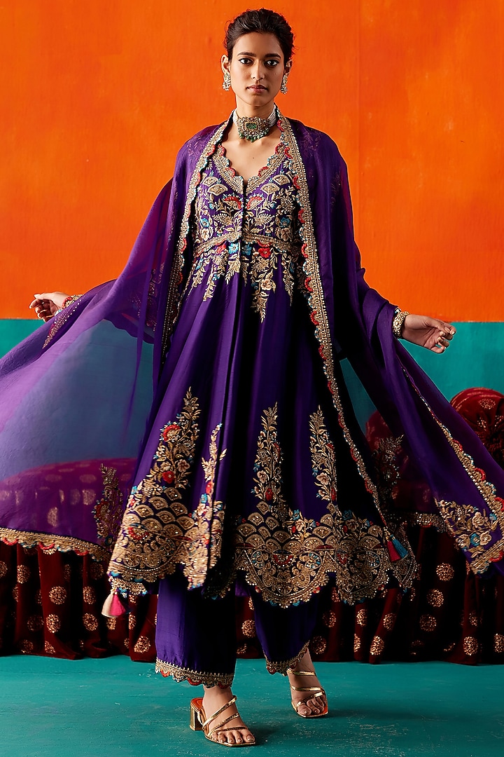 Purple Dupion Silk & Organza Hand Embroidered Bridal Anarkali Set by AMAN TAKYAR at Pernia's Pop Up Shop