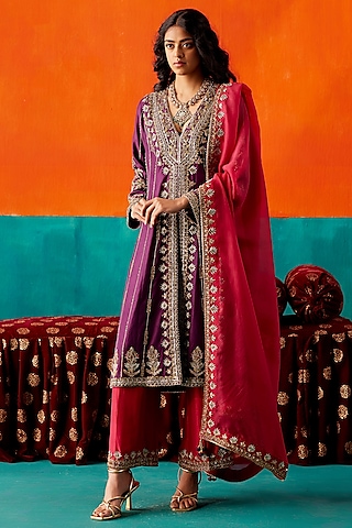 Purple Dupion Silk & Organza Hand Embroidered Kurta Set by AMAN TAKYAR
