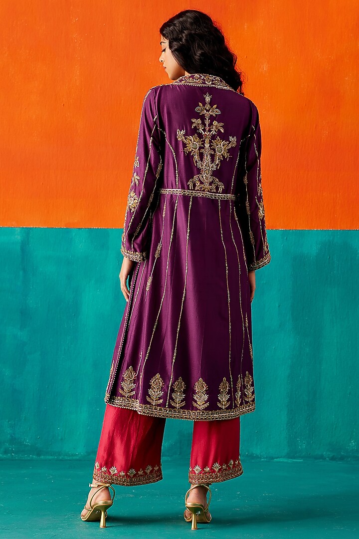Purple Dupion Silk & Organza Hand Embroidered Kurta Set by AMAN TAKYAR at Pernia's Pop Up Shop