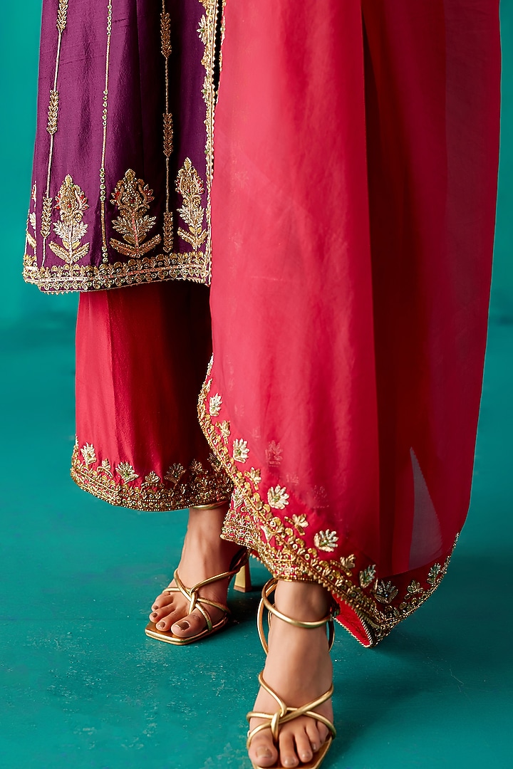 Purple Dupion Silk & Organza Hand Embroidered Kurta Set by AMAN TAKYAR at Pernia's Pop Up Shop