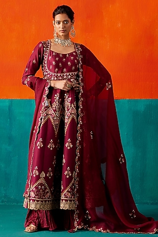 Wine-Purple Dupion Silk Hand & Machine Embroidered Kurta Set by AMAN TAKYAR