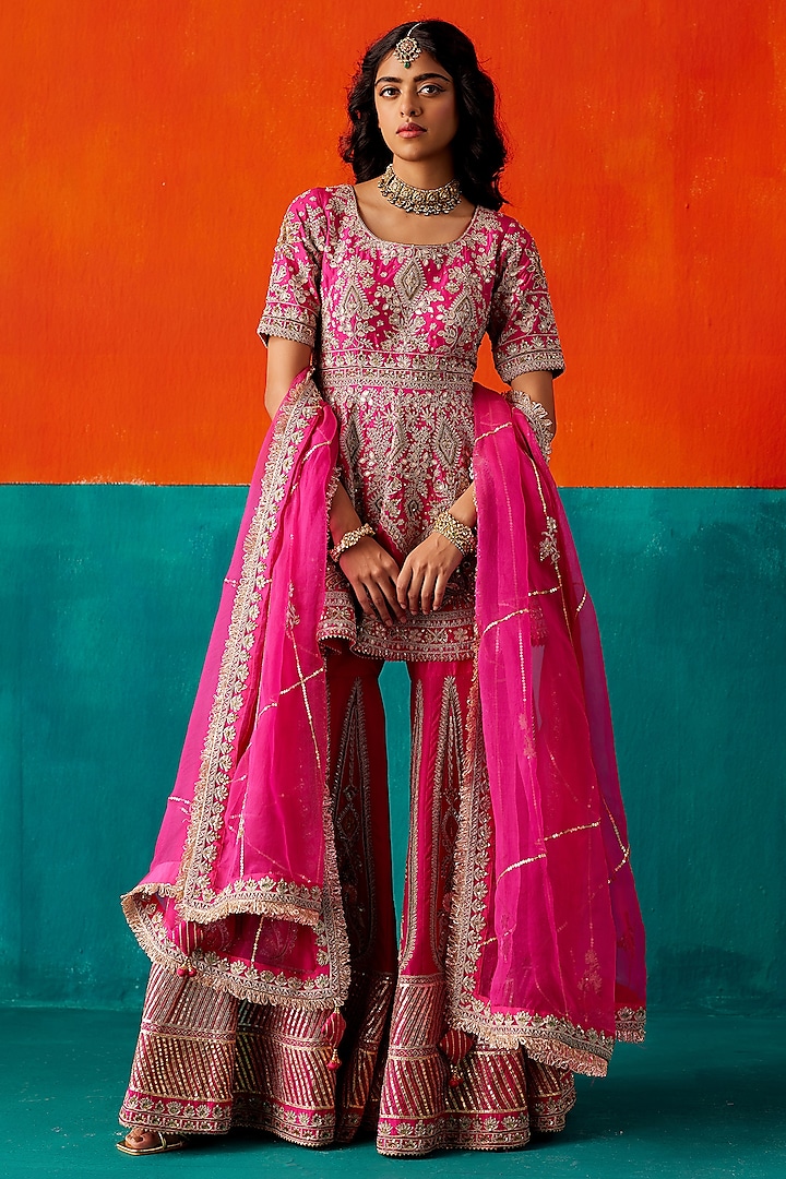 Bright Pink Dupion Silk & Organza Floral Thread Embroidered Sharara Set by AMAN TAKYAR at Pernia's Pop Up Shop