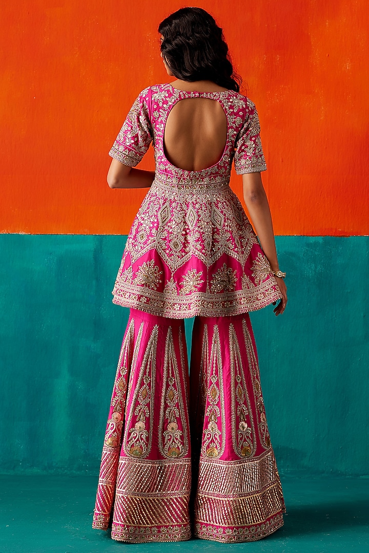 Bright Pink Dupion Silk & Organza Floral Thread Embroidered Bridal Sharara Set by AMAN TAKYAR at Pernia's Pop Up Shop