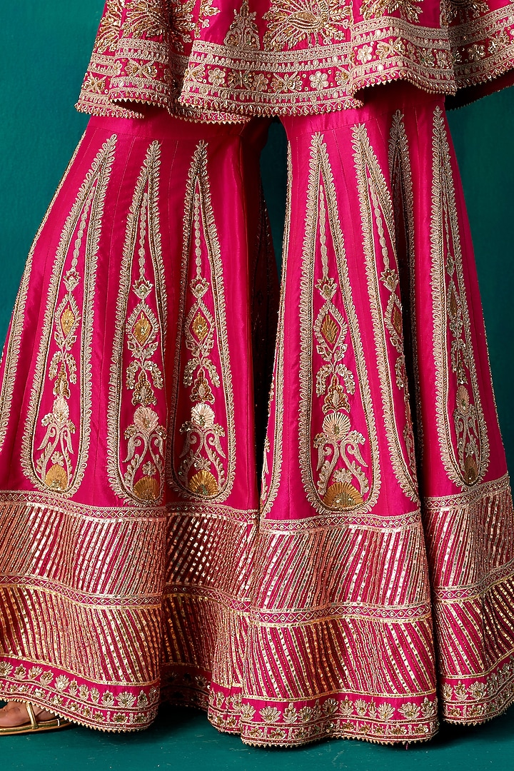 Bright Pink Dupion Silk & Organza Floral Thread Embroidered Bridal Sharara Set by AMAN TAKYAR at Pernia's Pop Up Shop