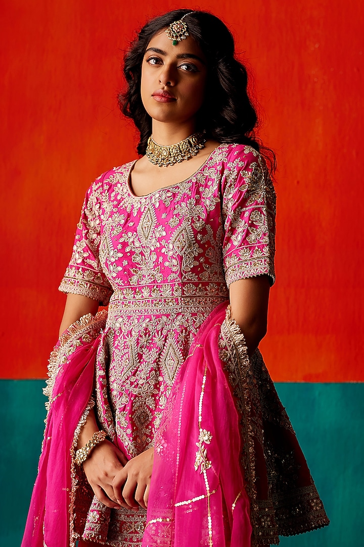 Bright Pink Dupion Silk & Organza Floral Thread Embroidered Bridal Sharara Set by AMAN TAKYAR at Pernia's Pop Up Shop